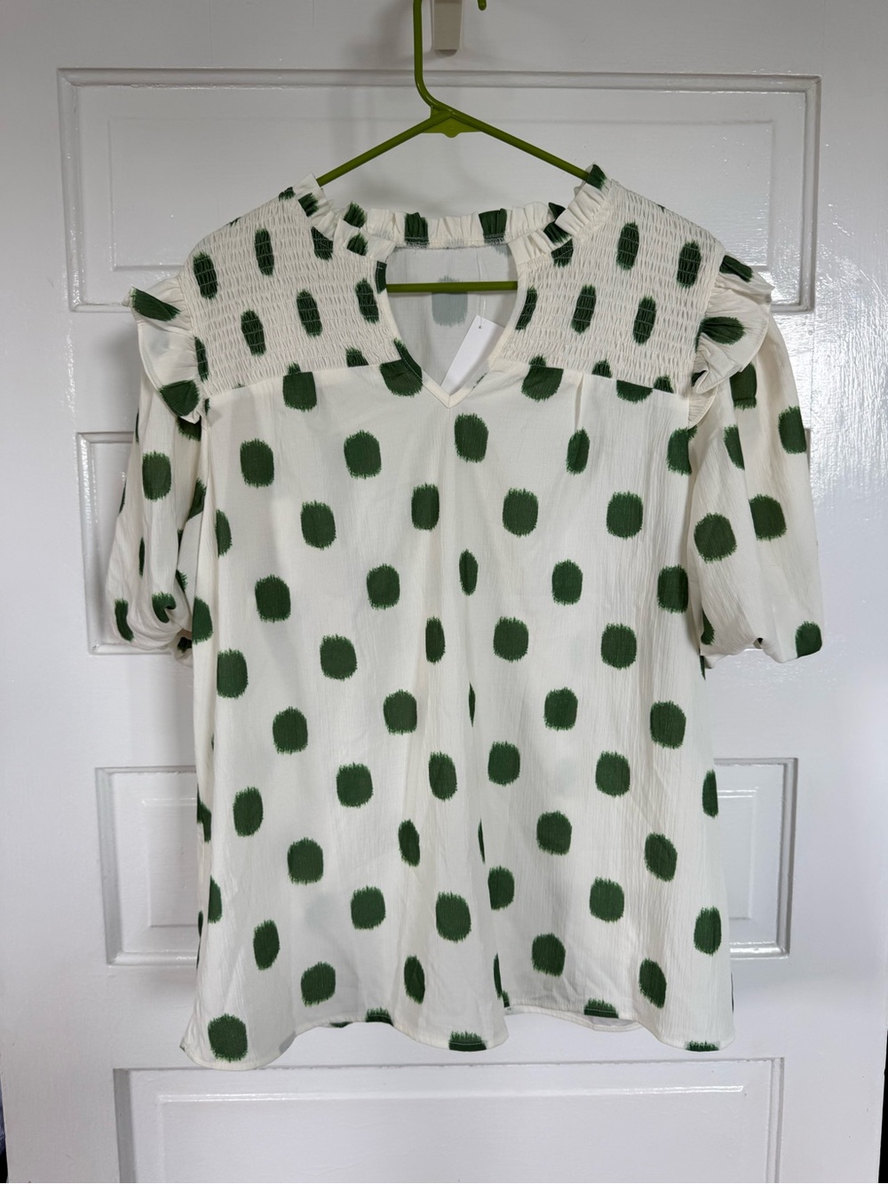 Smocked Yoke Polka Dot Blouse in Green and Cream